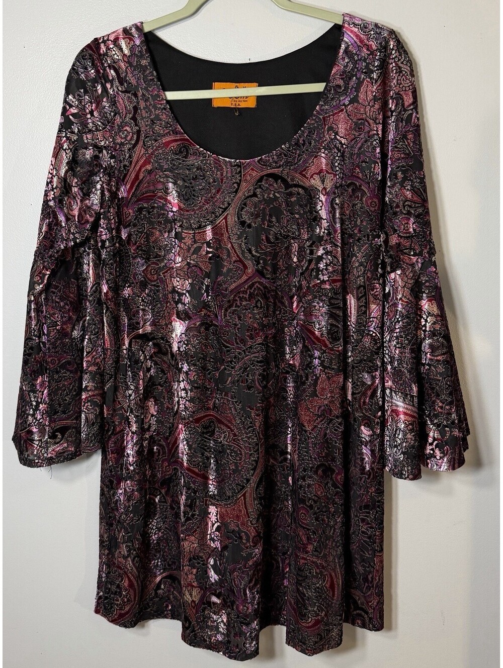 Velvet Paisley Dress Shift Metallic Bell Sleeve VTG Whimsigoth Witchy Med EUC